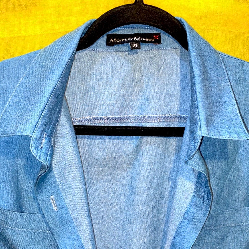 DENIM DUSTER BLUE LONG SLEEVES COLLAR SPLITS SZ XS - Picture 5 of 11